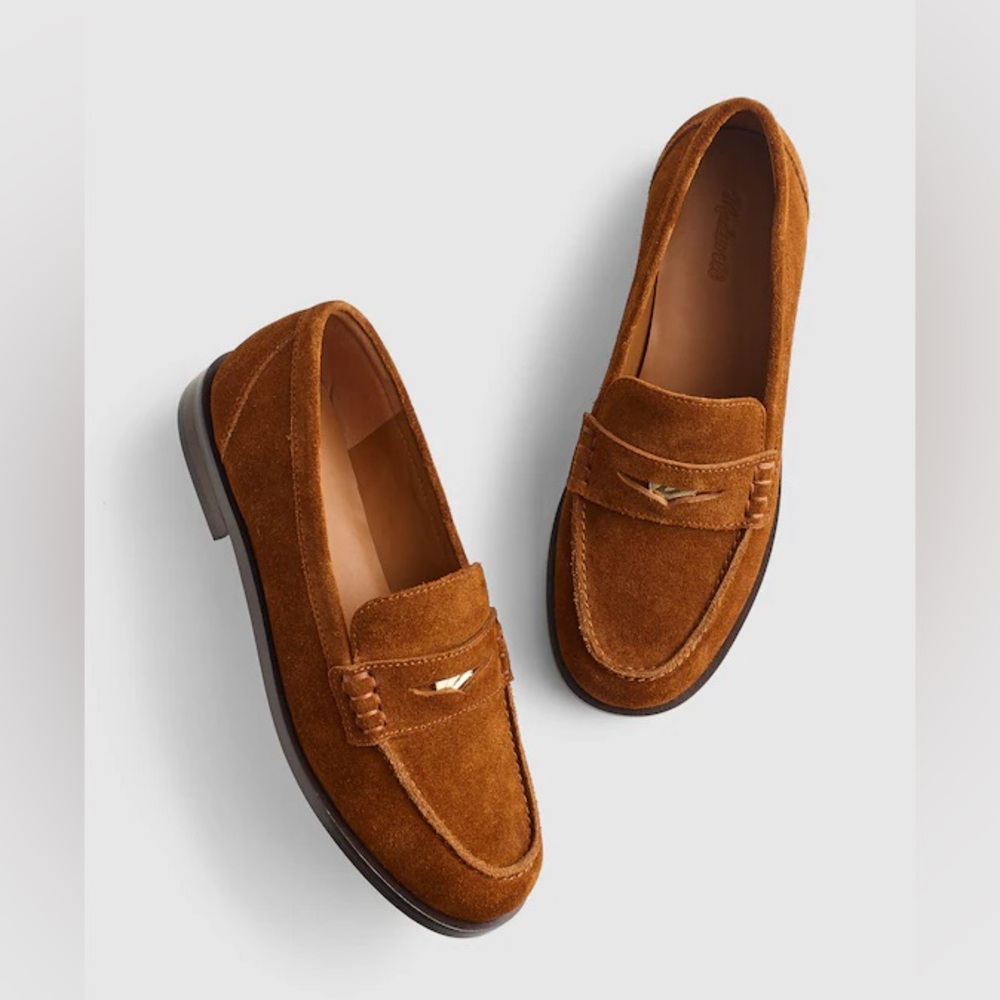 Madewell Suede Penny Loafers in Cognac Brown